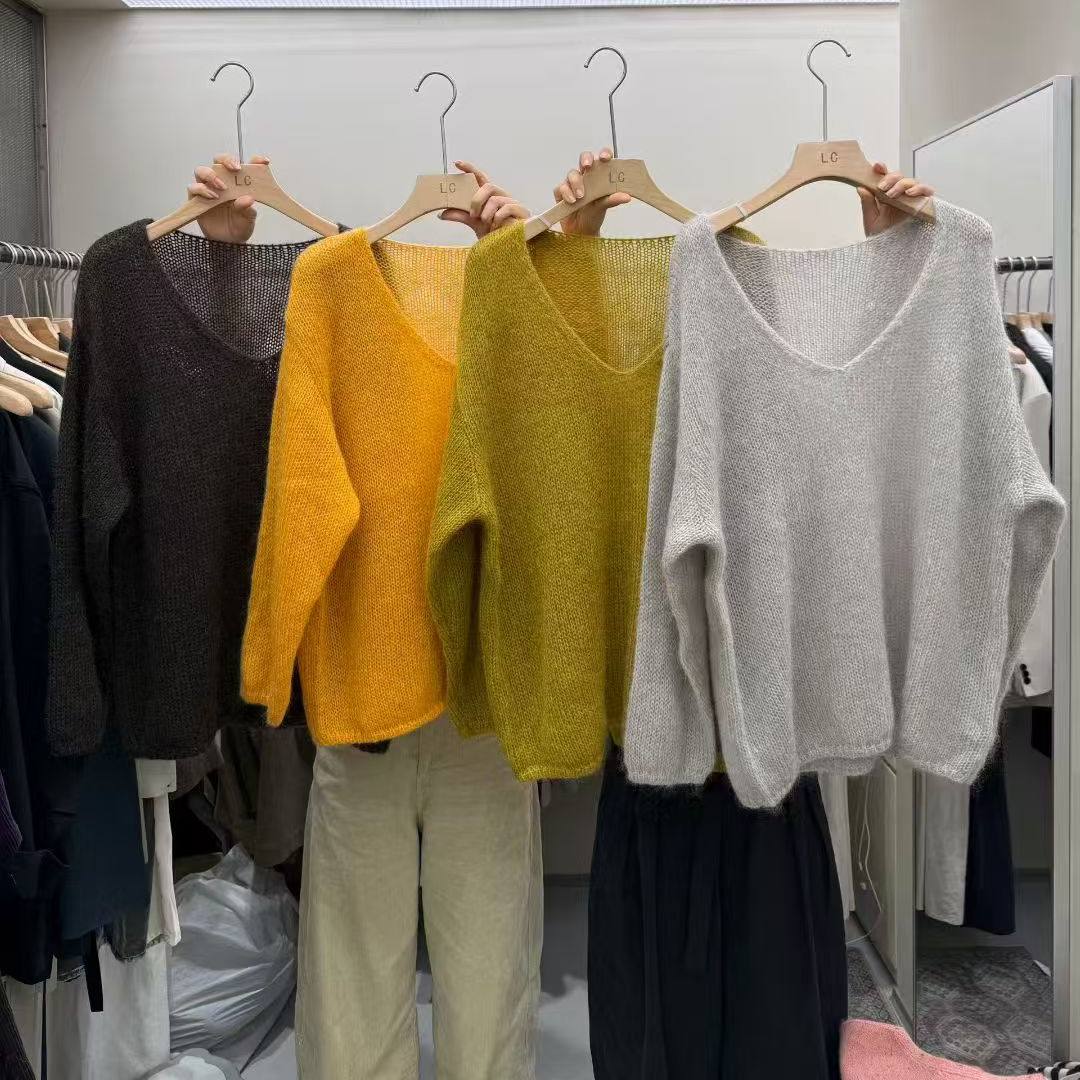 韩系慵懒风V领套头毛衣女