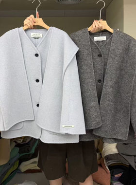 LASCELULA正品实体店同款设计感连帽披肩+双面羊毛外套围巾大衣女