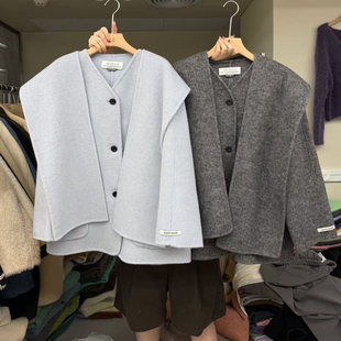 LASCELULA正品实体店同款设计感连帽披肩+双面羊毛外套围巾大衣女