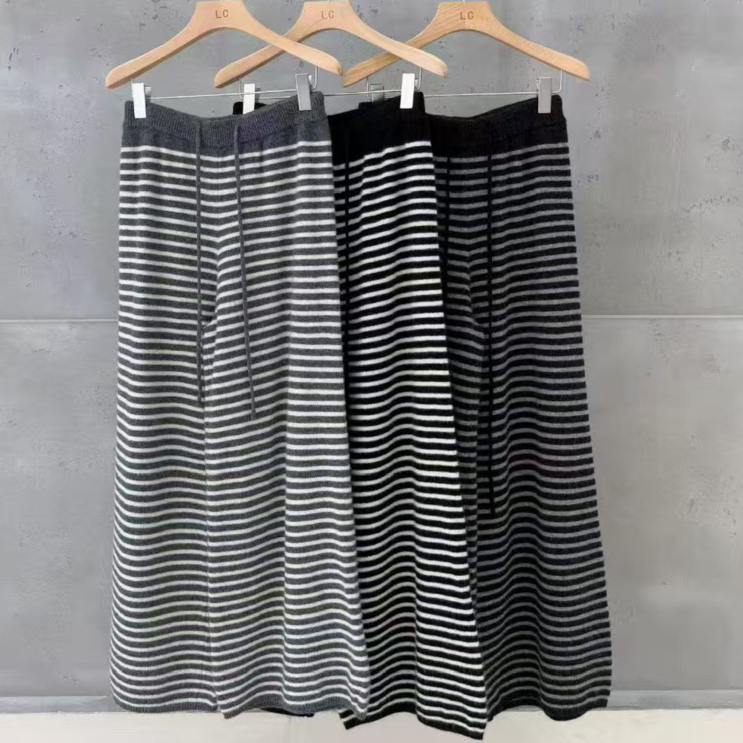 羊毛条纹休闲阔腿裤女直筒长裤