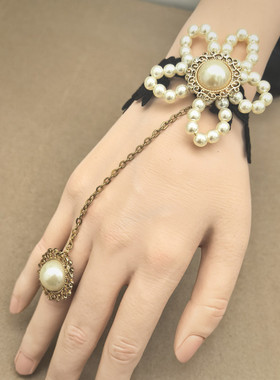 lolita可爱洛可可珍珠手工串珠玫瑰花复古风格蕾丝戒指手链330