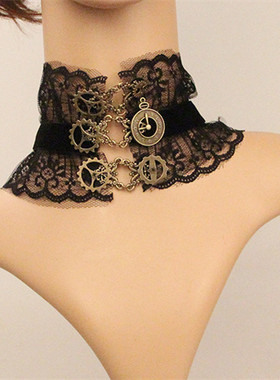 蒸汽朋克风基佬 齿轮多元素 蕾丝 锁骨链项链 宽链330