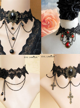 30元包邮暗黑Lolita万圣节吸血鬼流苏水滴蕾丝项链哥特十字架水晶