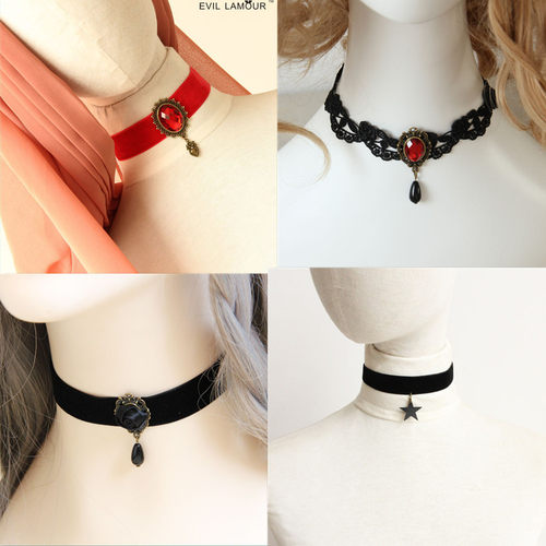 30元包邮暗黑Lolita绒带宝石流苏水滴蕾丝项链哥特chocker
