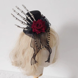COS百搭哥特风黑色帽子恶魔爪发夹玫瑰亚文化动漫头饰品飘带