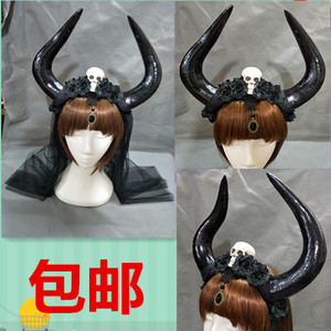 包邮牛角发箍 骷髅恶魔角发饰cos万圣节漫展死神牛魔王黑玫瑰发饰