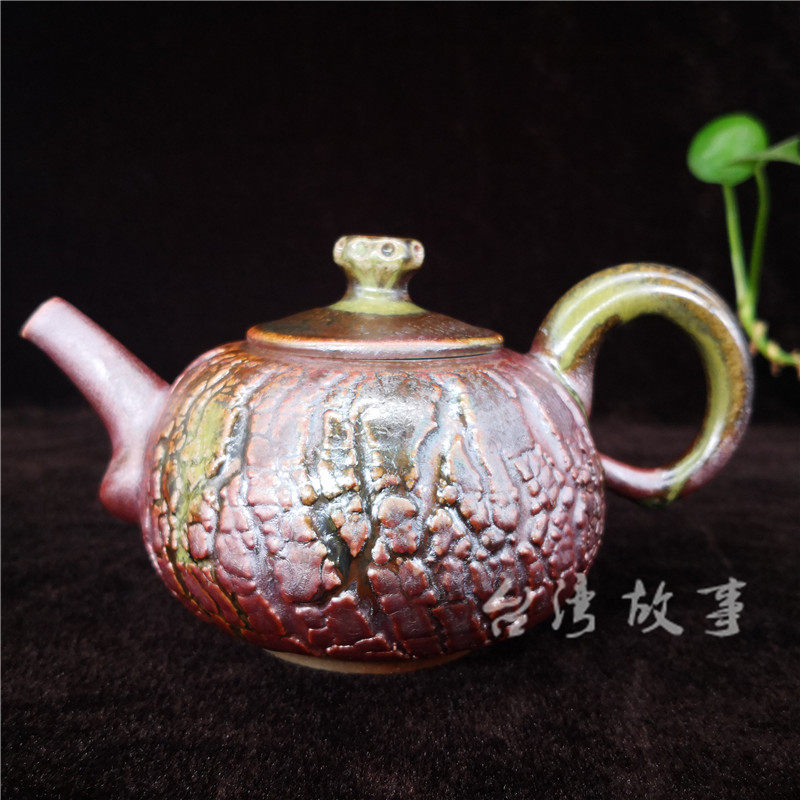 台湾故事 陶艺大师戴志庭爆裂柴烧壶备前烧柴窑落灰古朴陶壶日式