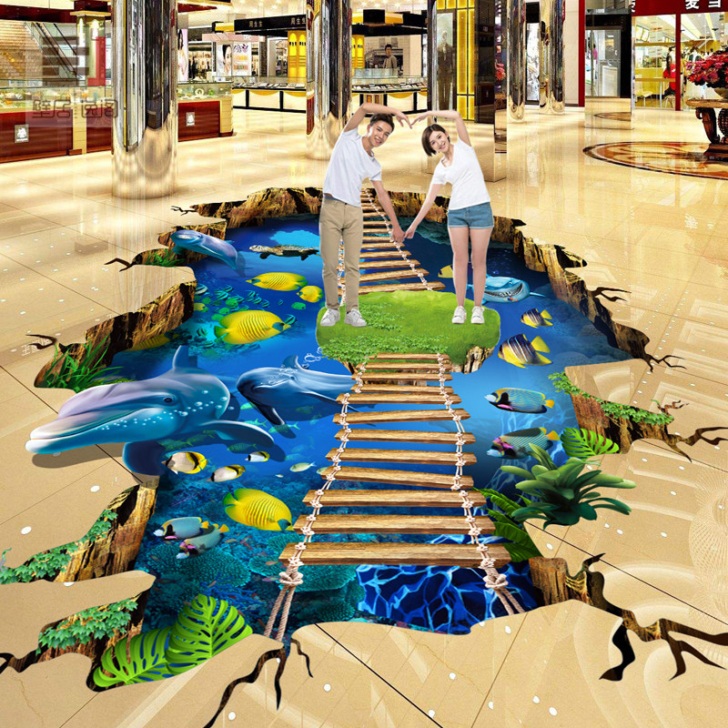 壁居逸阁商场创意3d立体地贴网红拍照自粘防水加厚耐磨地贴画海底