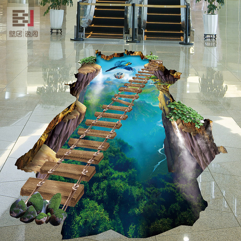 壁居逸阁3d立体地画商场地面装饰地板画自粘防水耐磨贴纸峡谷吊桥