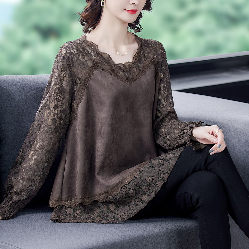 蕾丝拼接鹿皮绒上衣女春装2025中年新款气质大码春装洋气打底衫