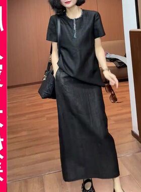 200斤大码黑色圆领短袖T恤2025夏季新款女宽松遮肉半身裙套装