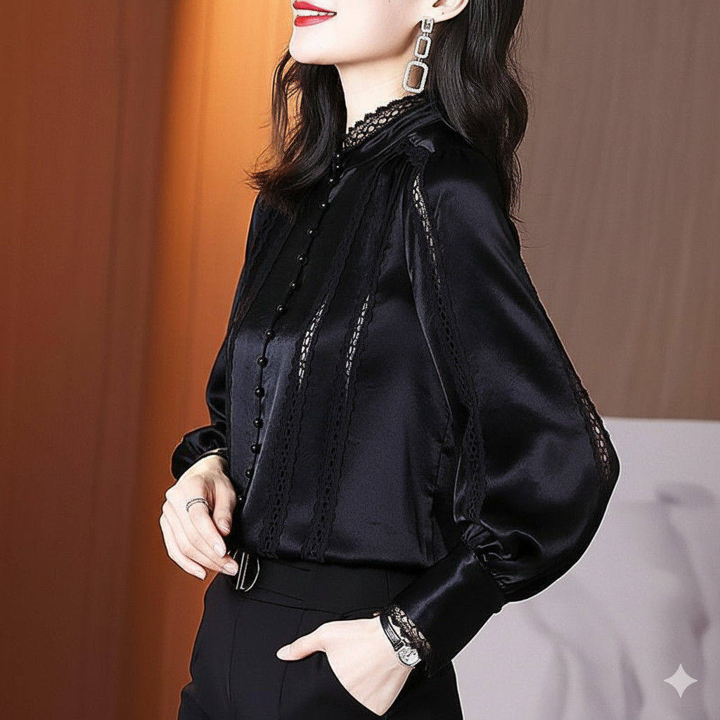 春装2026年新款法式别致设计感洋气蕾丝花边领子衬衫泡泡袖上衣女