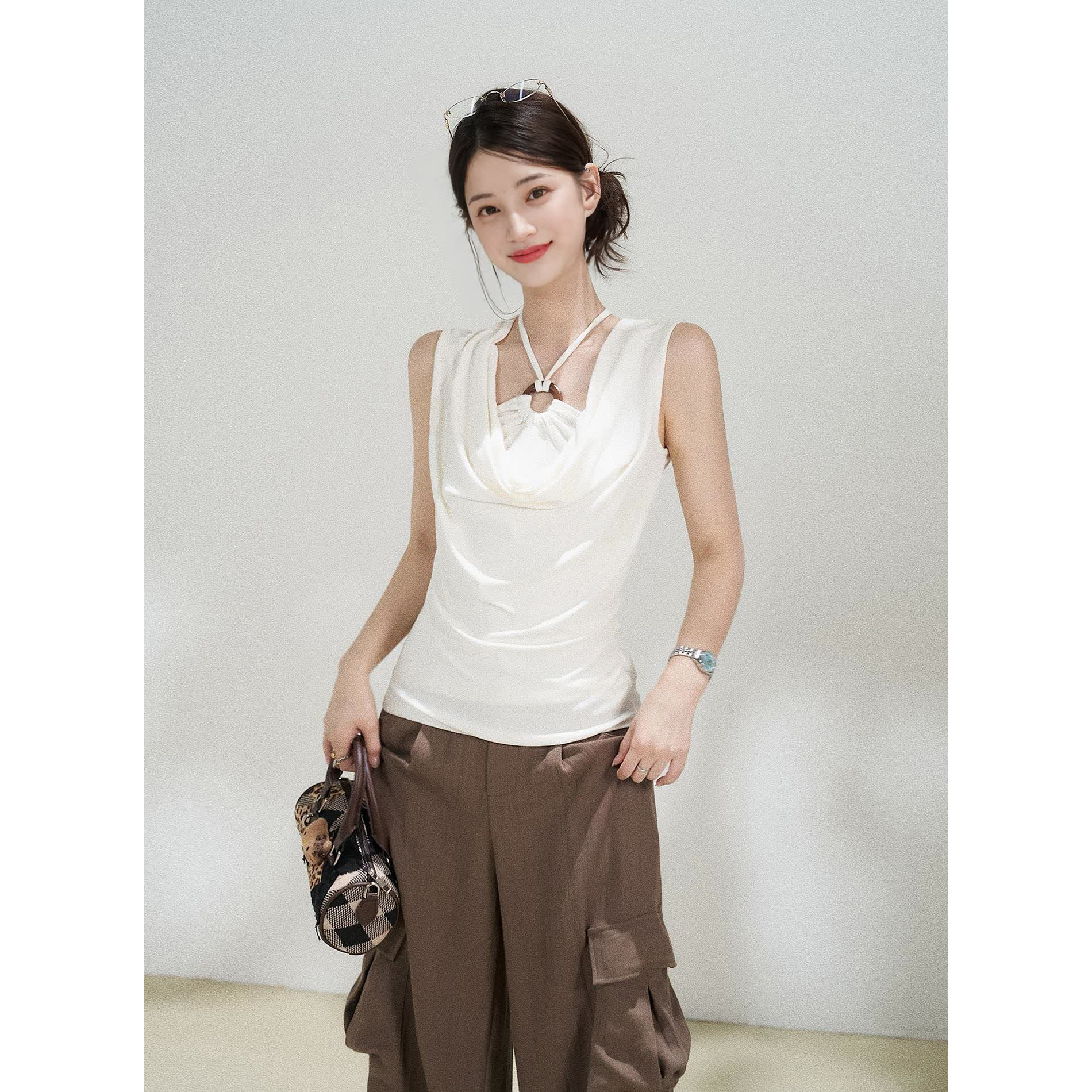 Mostar 挂脖假两件一字肩T恤女夏季韩系气质收腰高级感露肩上衣