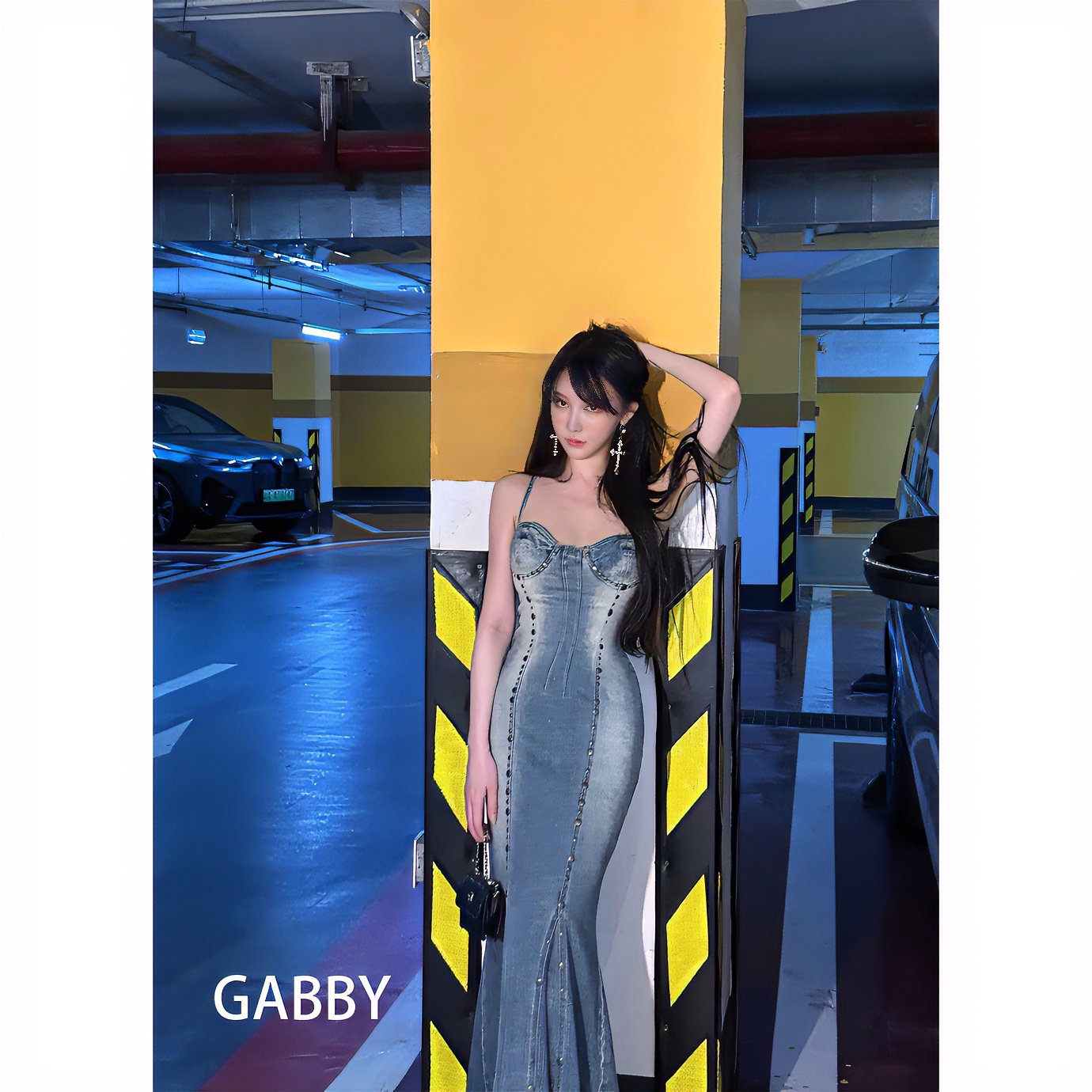 【5折捡漏】GABBY牛仔铆钉拼接设计感气质复古鱼尾连衣裙 A2436