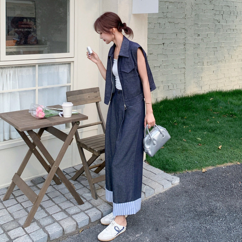 韩系轻熟风休闲气质薄款牛仔套装女夏新款无袖马甲阔腿裤两件套