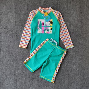 儿童锦纶速干防晒UPF50 分体泳衣套装 中裤 出口外贸女中大童长袖