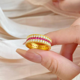 红宝石戒指女时尚轻奢金包银镶嵌红刚玉满天星三排满钻指环送女友