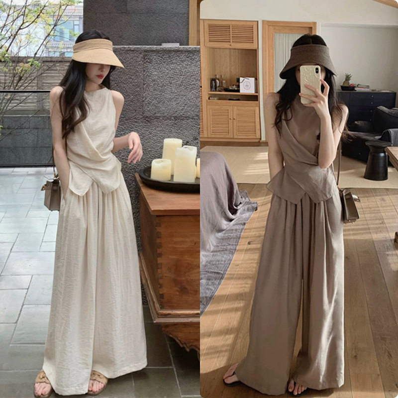 原版现货纯色时尚休闲亚麻感背心绑带上衣女松紧腰休闲裙裤套装女