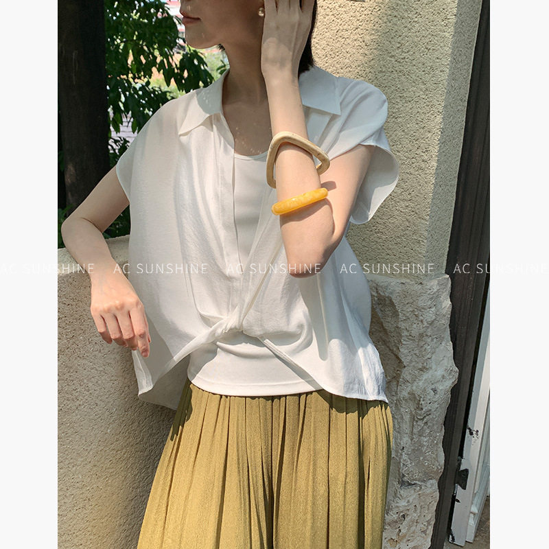 AC SUNSHINE法式优雅打扭设计感V领女装夏套装衬衫+背心上衣19591