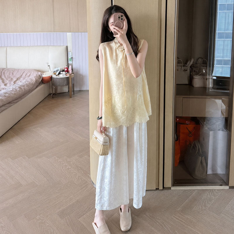 新中式浅黄色雪纺衬衫高级感轻奢减龄洋气国风女装2026新款套装潮
