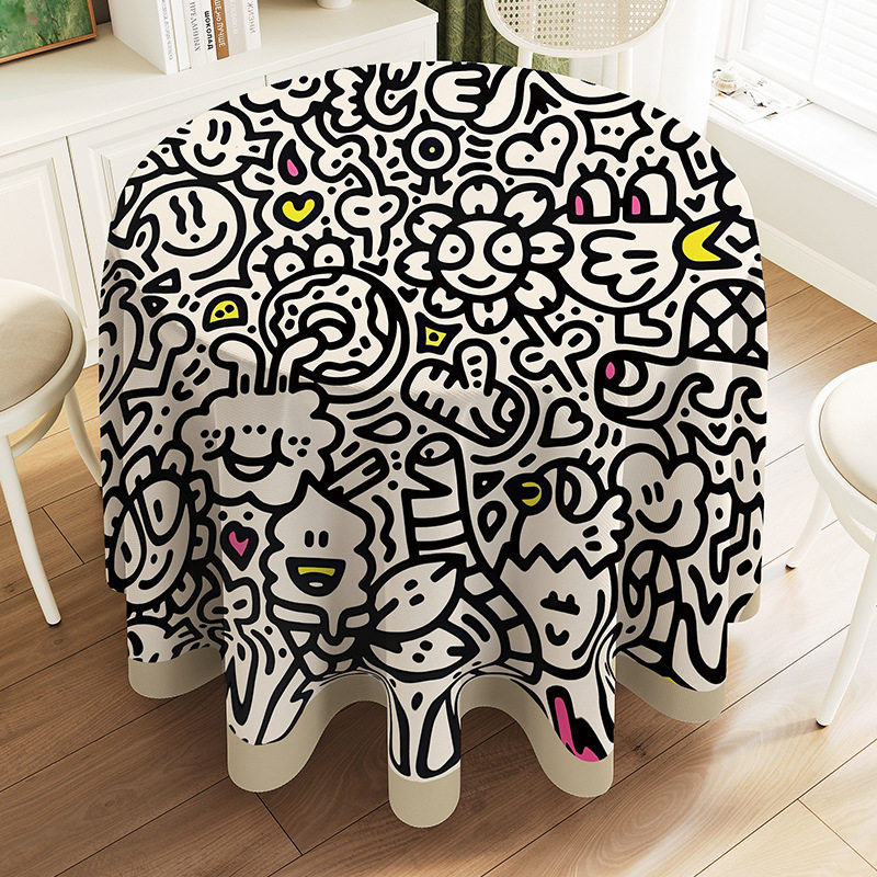 黑白潮牌手绘涂鸦圆桌布联名插画大圆桌酒店简约布艺餐桌布盖布巾,居家布艺,椅套/椅垫,淘宝优惠券,粉丝福利购,淘宝优惠卷