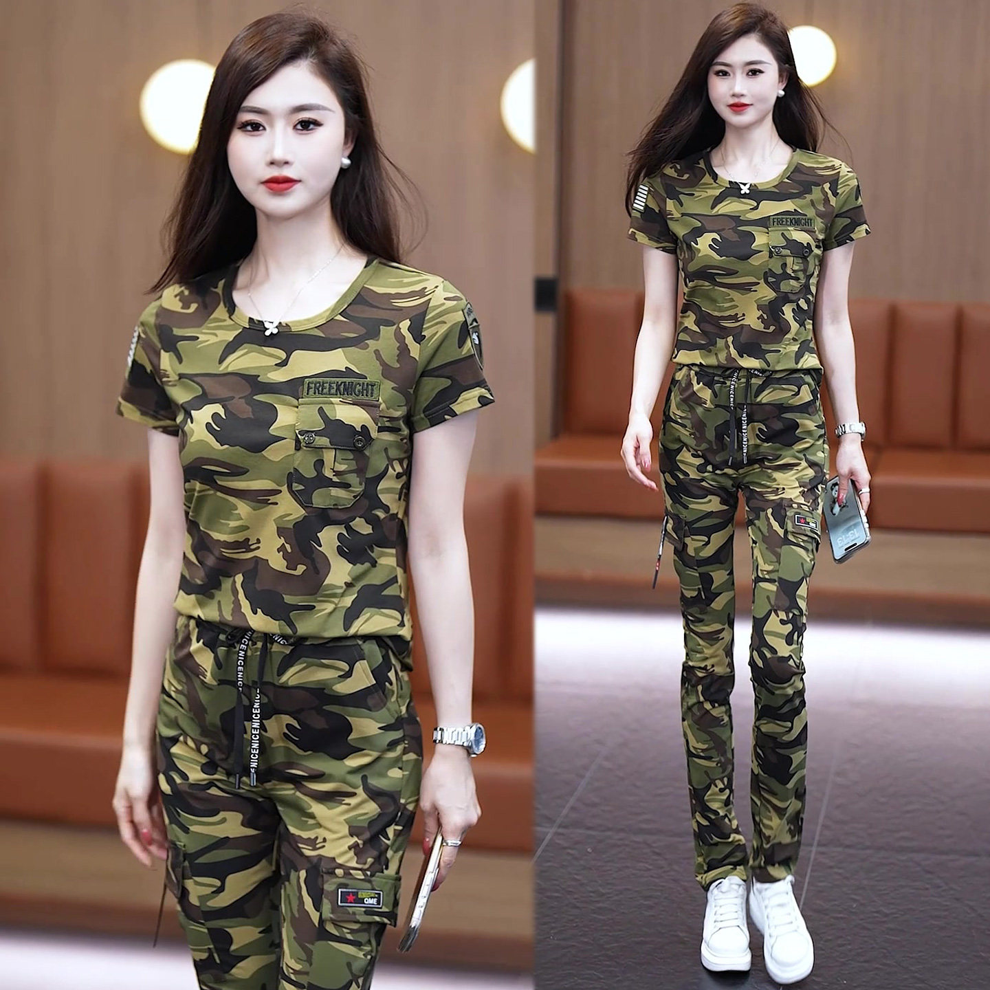 迷彩服运动休闲套装套装大码军迷工装服饰圆领半袖小脚女士水兵舞