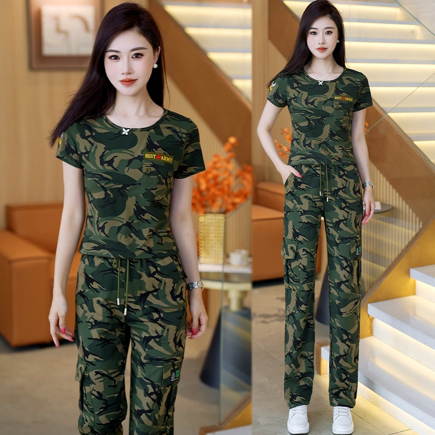 酷飒风迷彩服套装女圆领半袖夏季凉爽军迷工装舞蹈服户外休闲运动