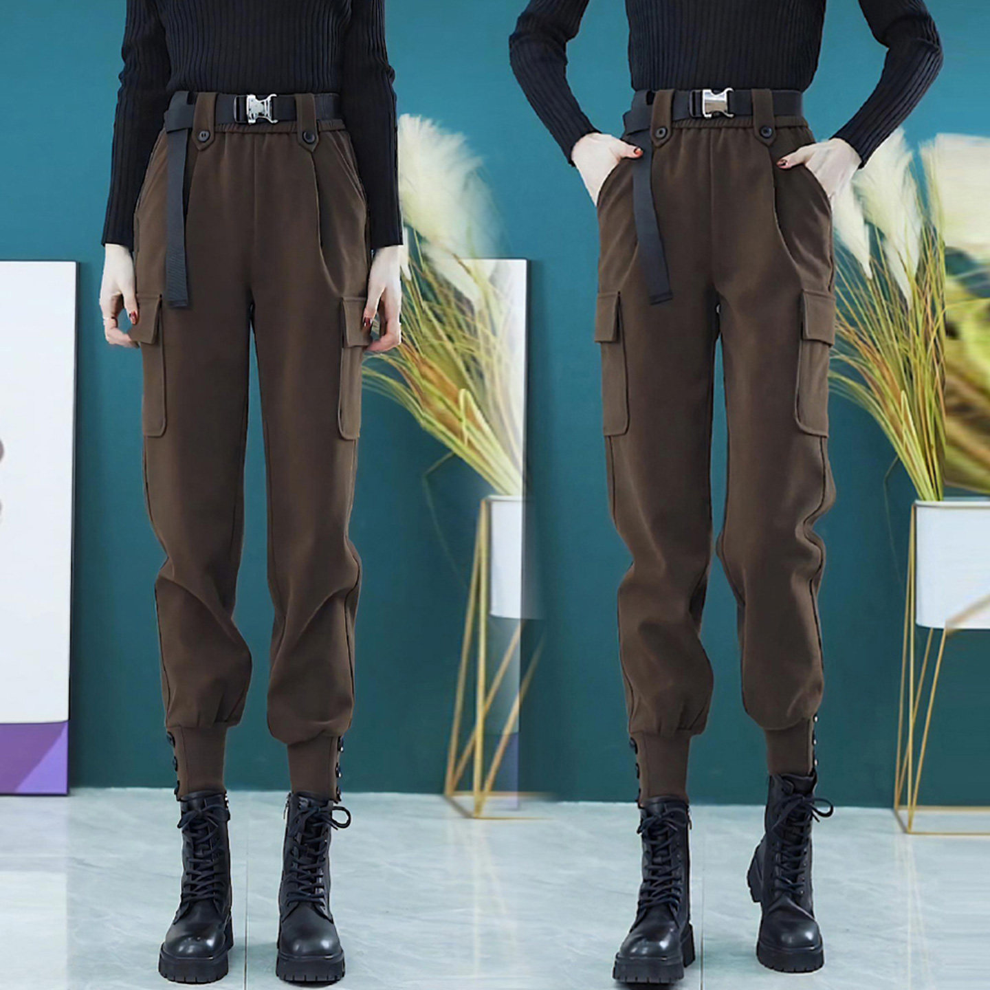 束脚工装裤女秋冬2025新款休闲美式毛呢工装裤小个子显瘦酷飒风潮