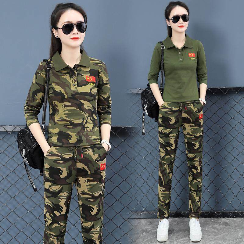 春秋广场舞运动装新款军绿色t恤女迷彩工装裤套装水兵舞演出服潮
