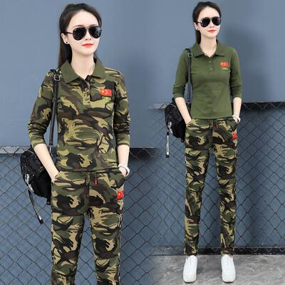 春秋广场舞运动装新款军绿色t恤女迷彩工装裤套装水兵舞演出服潮