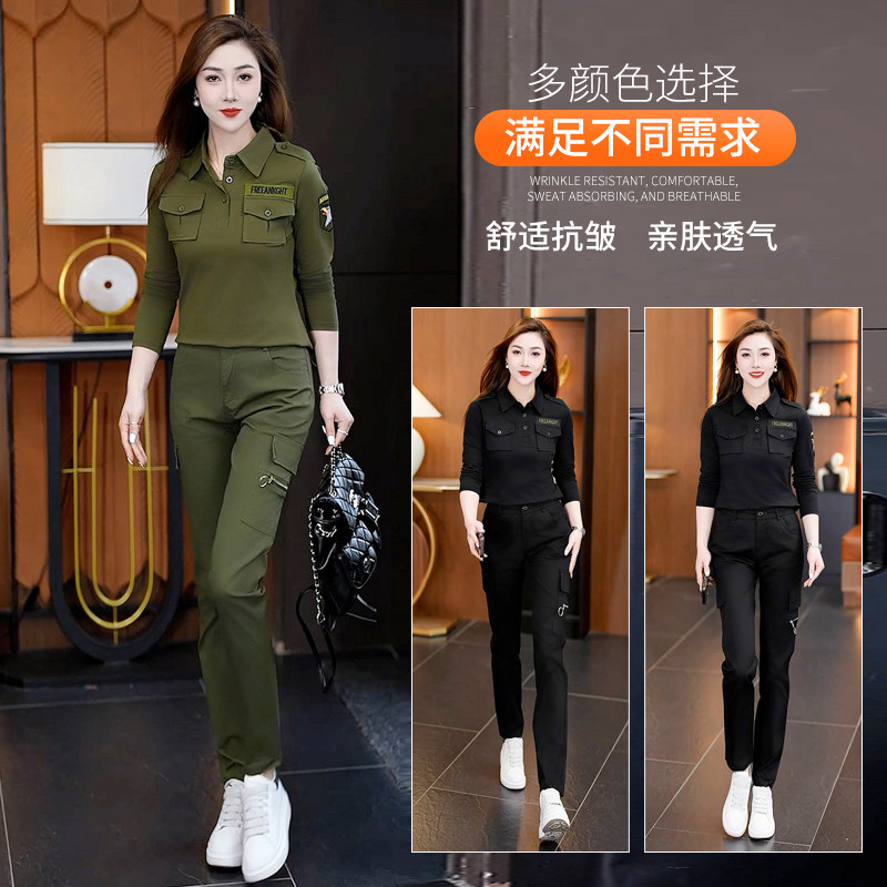 军旅风迷彩服套装女士新款工装长裤小脚裤减龄两件套显瘦休闲时尚