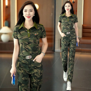 夏季迷彩服短袖套装女士工装服直筒裤显瘦大码舞蹈演出服登山潮