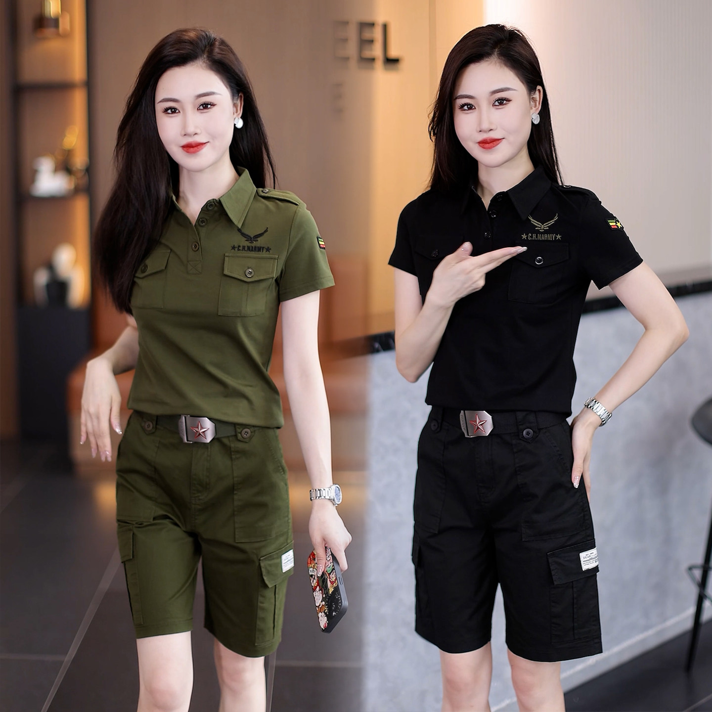 迷彩服套装女士新款夏季翻领显瘦T恤休闲运动时尚短袖工装两件套