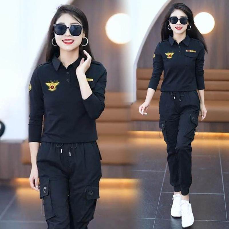 时尚迷彩服黑色休闲长袖工装长裤套装女装春秋季新款显瘦两件套潮