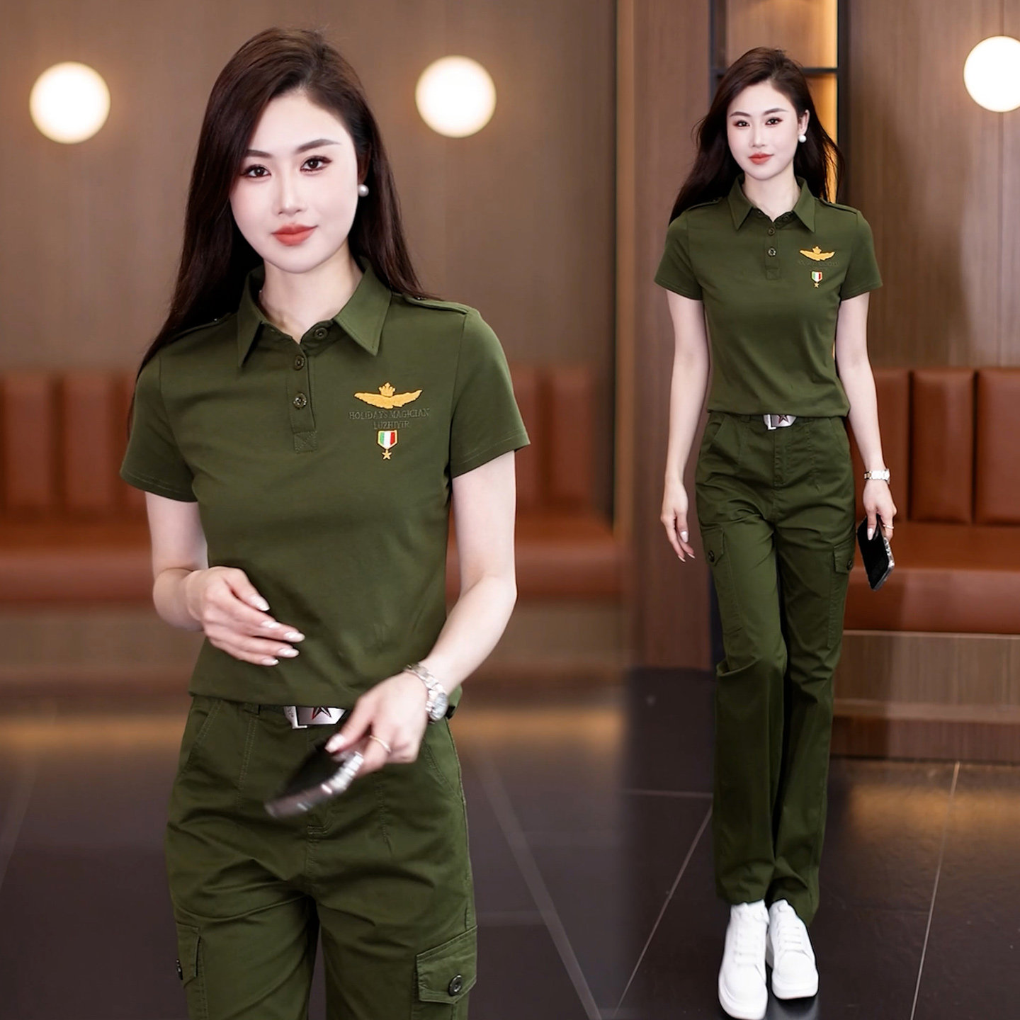 正肩女士迷彩服套装军绿色polo衫军绿工装裤两件套爆款休闲服潮流