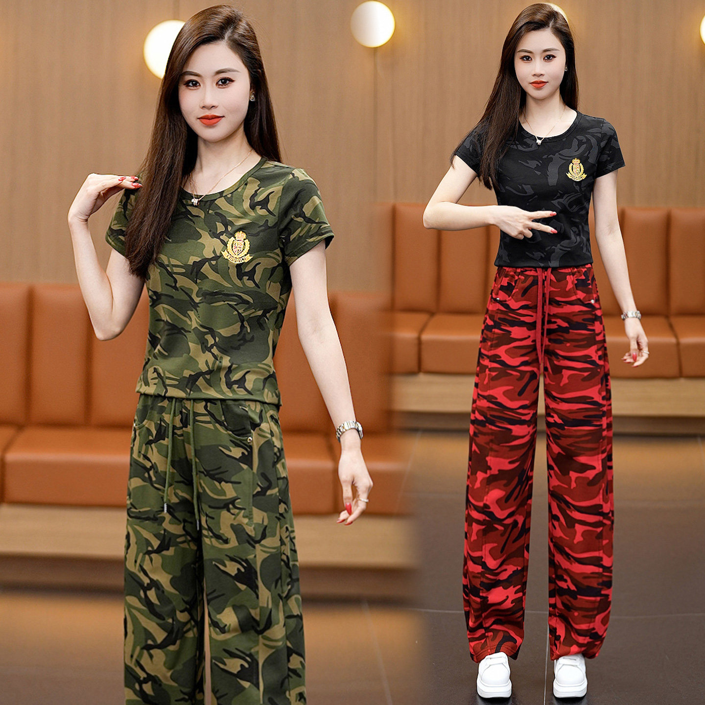迷彩服套装女夏季圆领短袖半袖直筒弯刀工工装裤休闲大码演出服潮