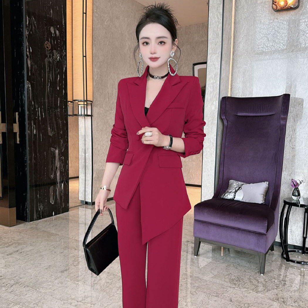 红色西装套装女显瘦微喇裤两件套