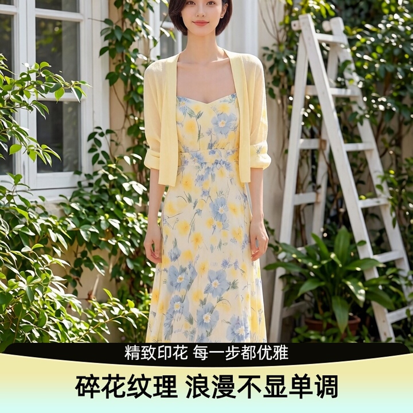 碎花雪纺连衣裙女2026夏修身显瘦减龄海边渡假开衫吊带裙子两件套