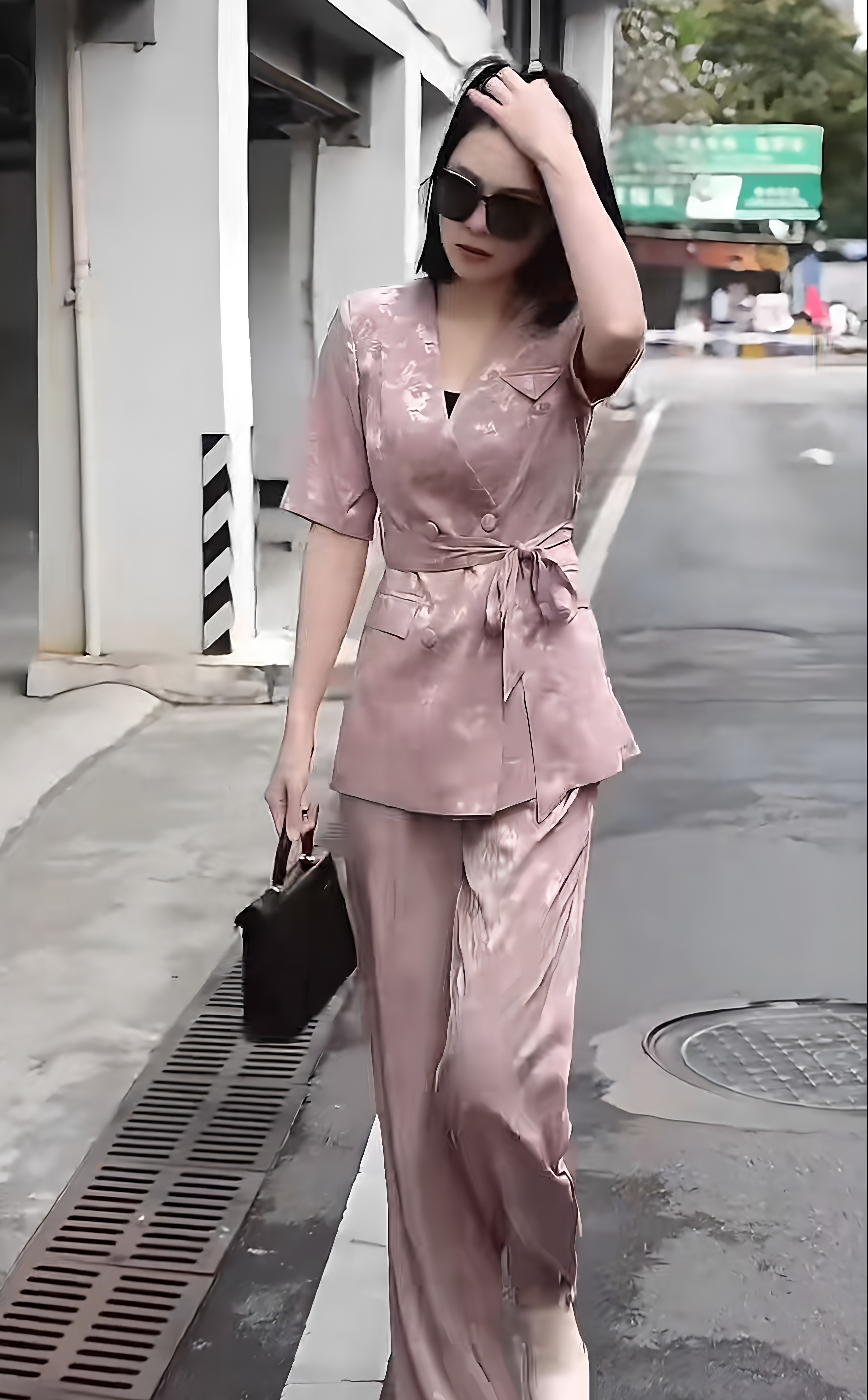 夏季女显瘦醋酸阔腿裤西装两件套