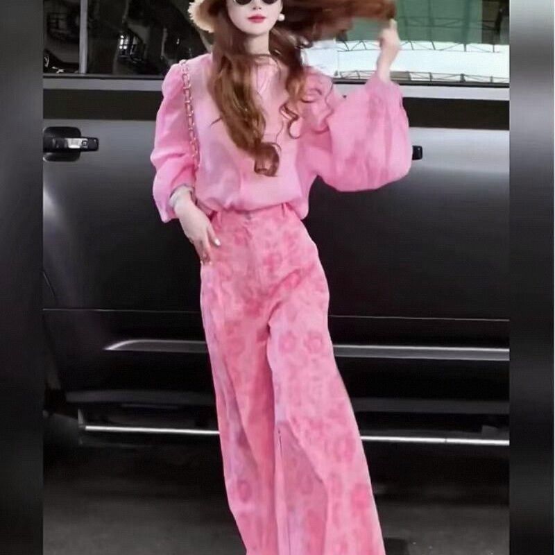 多巴胺玫粉灯笼袖衬衫阔腿套装
