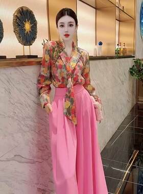 小众设计感洋气女人味优雅千金风情印花闪钻衬衫上衣阔腿裤套装潮