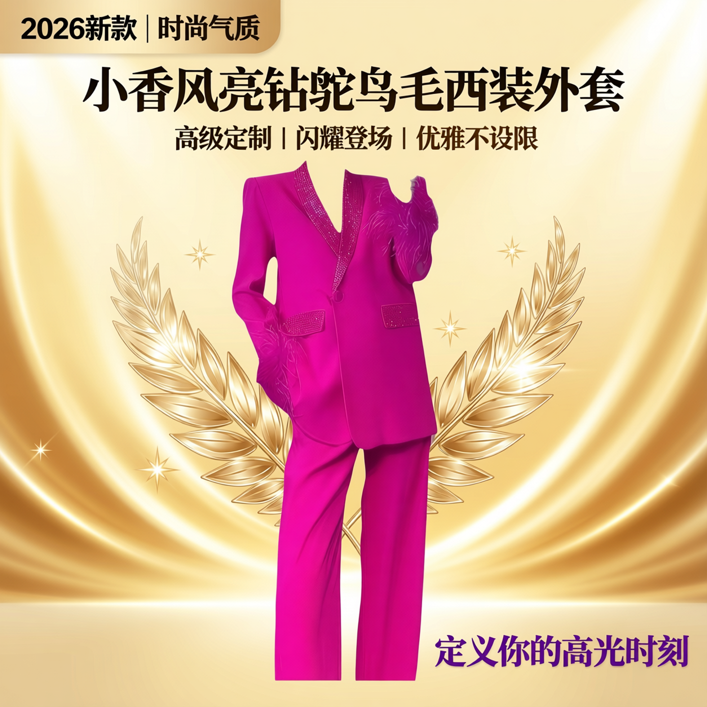 小香风鸵鸟毛亮钻西装外套女