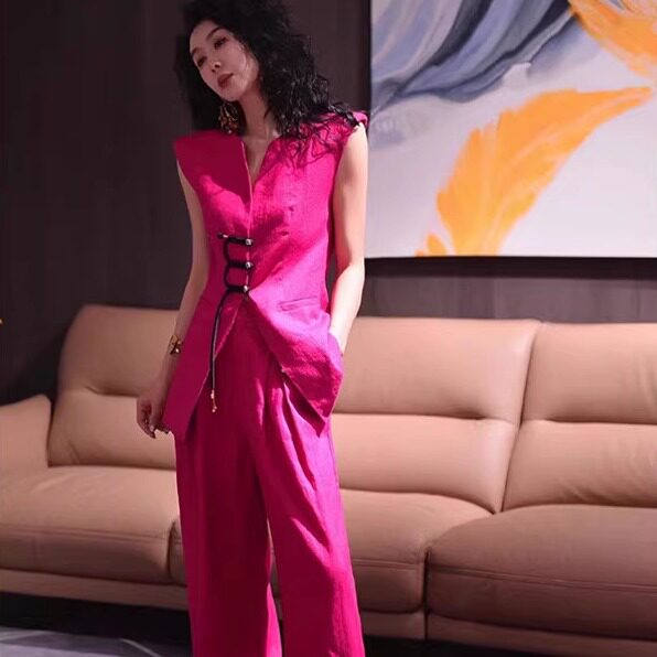 T8Y高定职业装女超好看玫粉色纯天燃亚麻西装马甲阔腿裤时尚两件