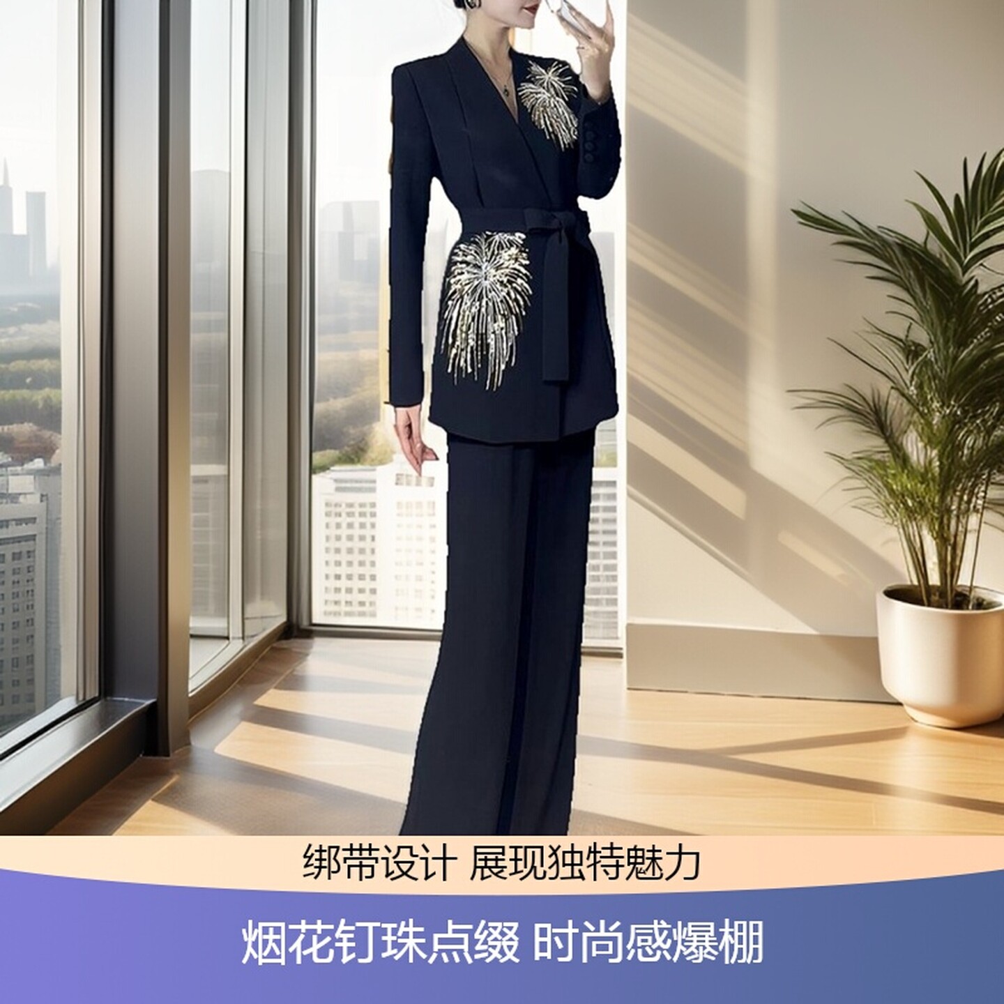 2026春秋女士西装套装设计感烟花钉珠绑带西服阔腿裤时髦两件套