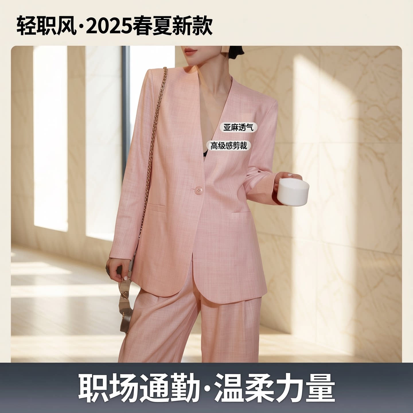 轻职风亚麻通勤女西服两件套