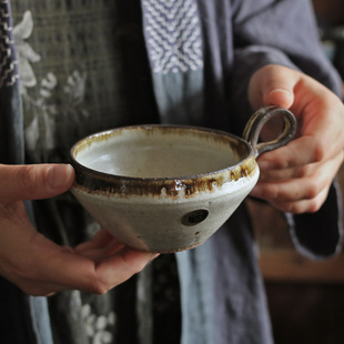 日本进口 信乐烧手作陶制早餐杯带把手咖啡杯红茶杯简约家用杯子