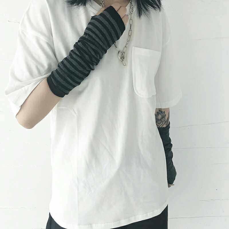 日系条纹弹力黑白穿指手套原宿暗黑男女款潮半指可爱防晒手袖ins