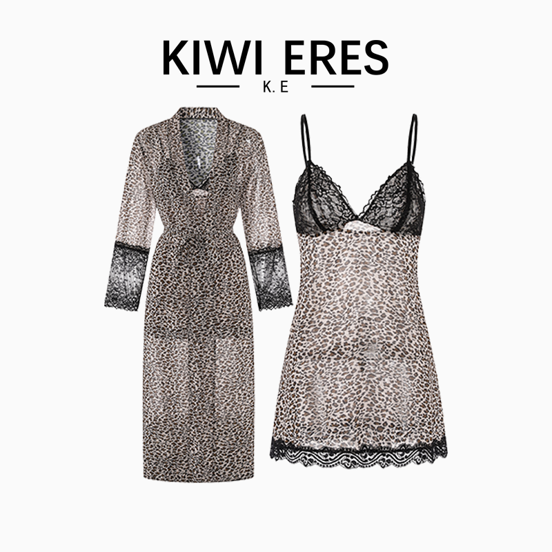 KIWI ERES 法式性感睡衣女款高级感豹纹雪纺纯欲冰丝吊带睡裙睡袍
