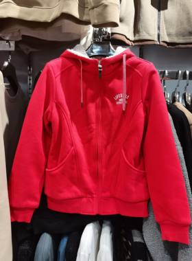 全新M L XL 加绒外套 女款红色夹克带帽加厚小款羊羔绒外套