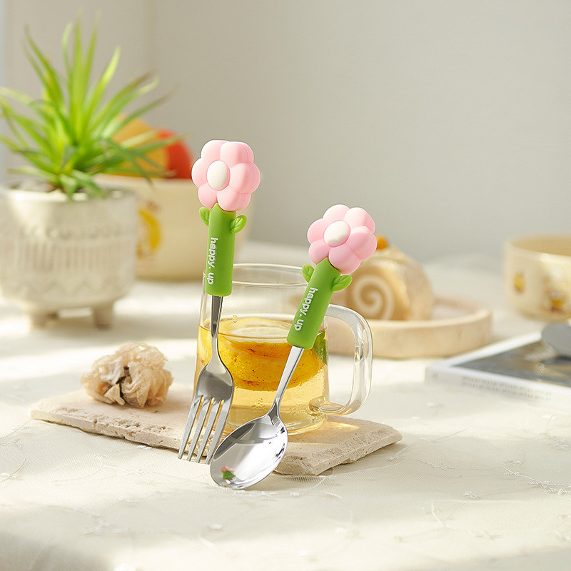 可爱硅胶手柄立体花朵餐具套装304不锈钢叉勺高颜值甜品水果勺叉,餐饮具,叉/勺/筷套装,淘宝优惠券,粉丝福利购,淘宝优惠卷